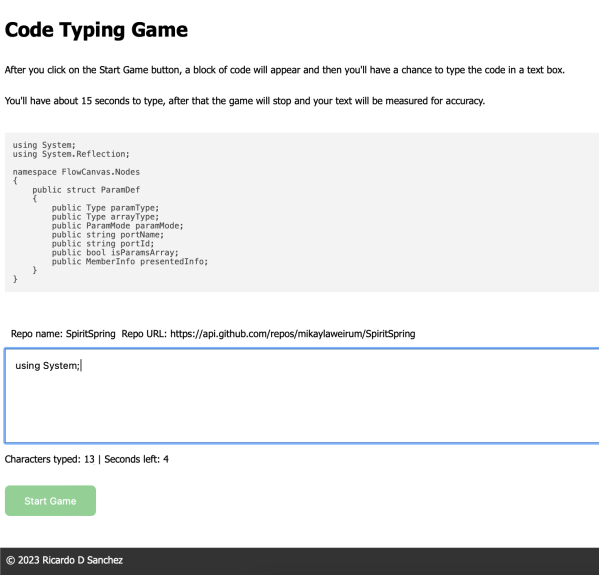 Screenshot of the code typing test app